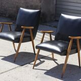 Pair of Scandinavian armchairs in solid beech & skaï, 1950s