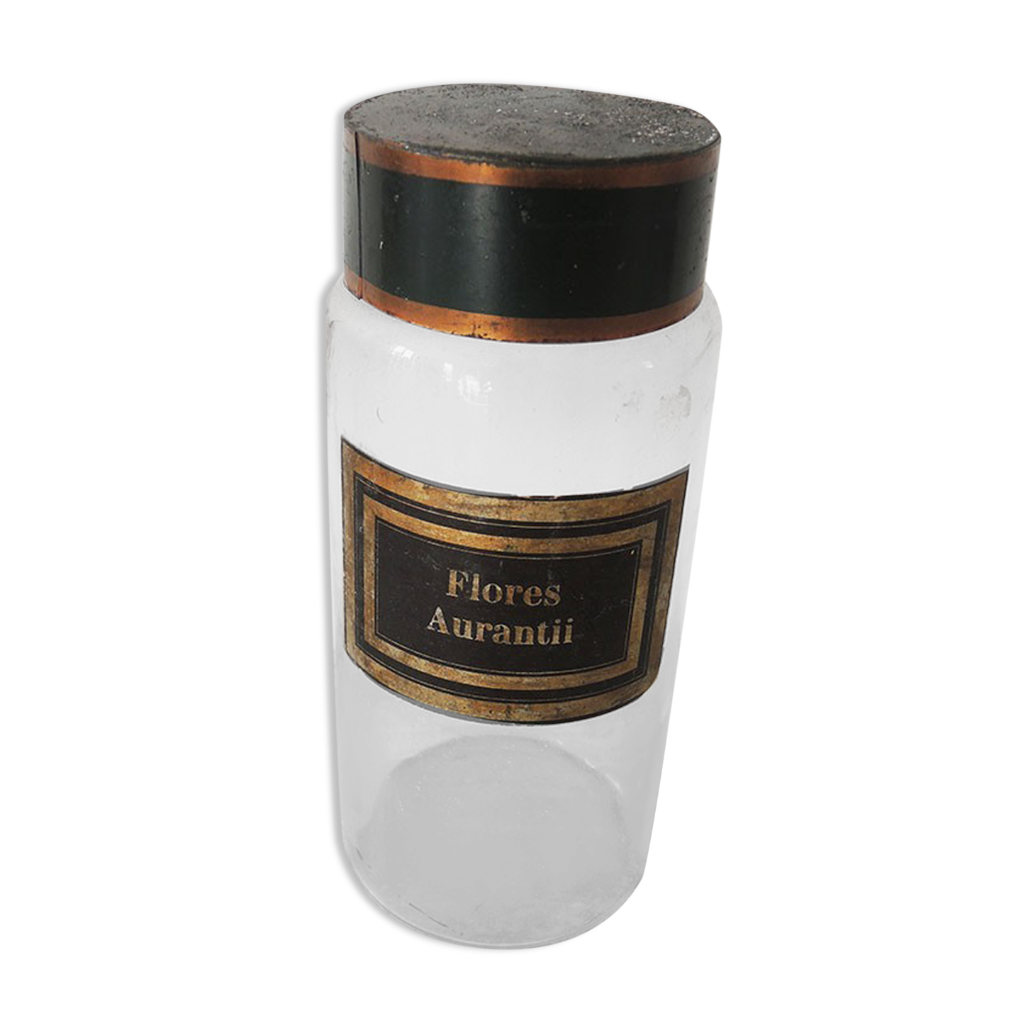 Old pharmacy pot, apothecary bottle, flores aurantii