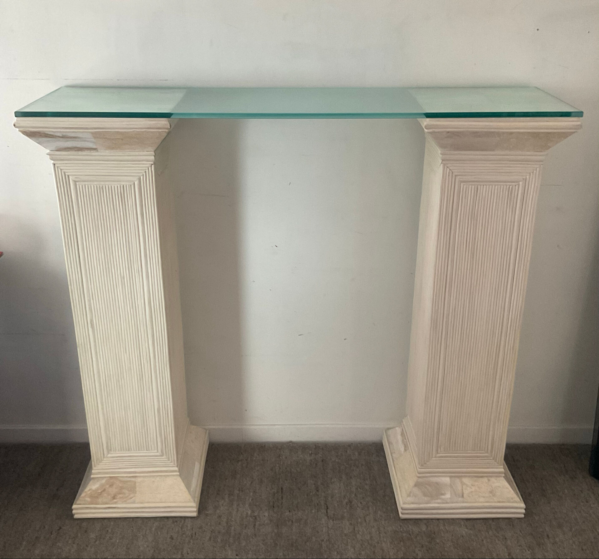 Console vintage en travertin, bois et verre
