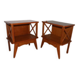 2 oak veneered cross-braced bedside tables