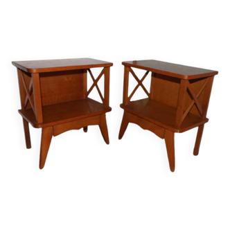 2 oak veneered cross-braced bedside tables