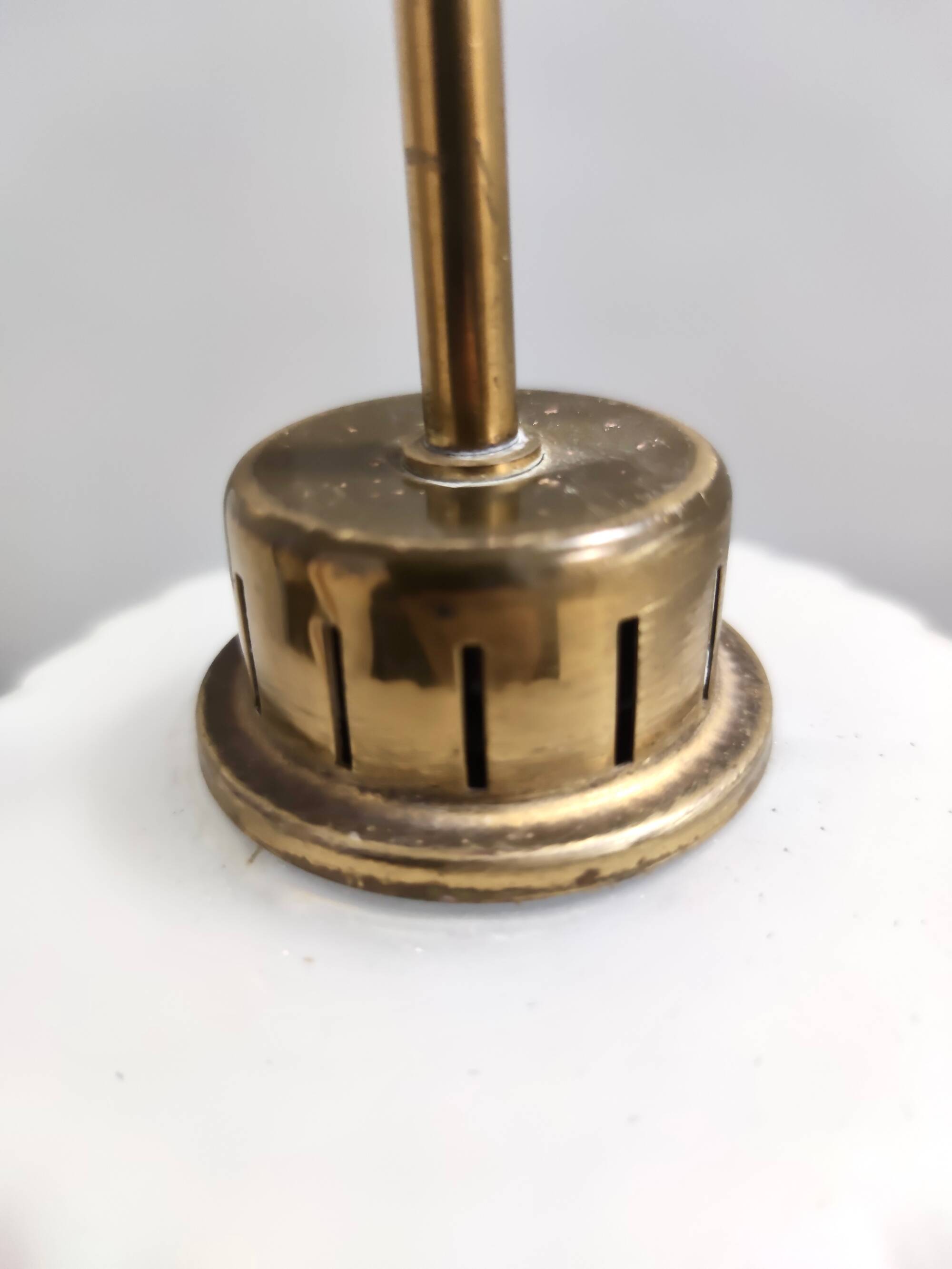 Vintage Glazed Opaline Glass, Teak and Brass Pendant, Italy