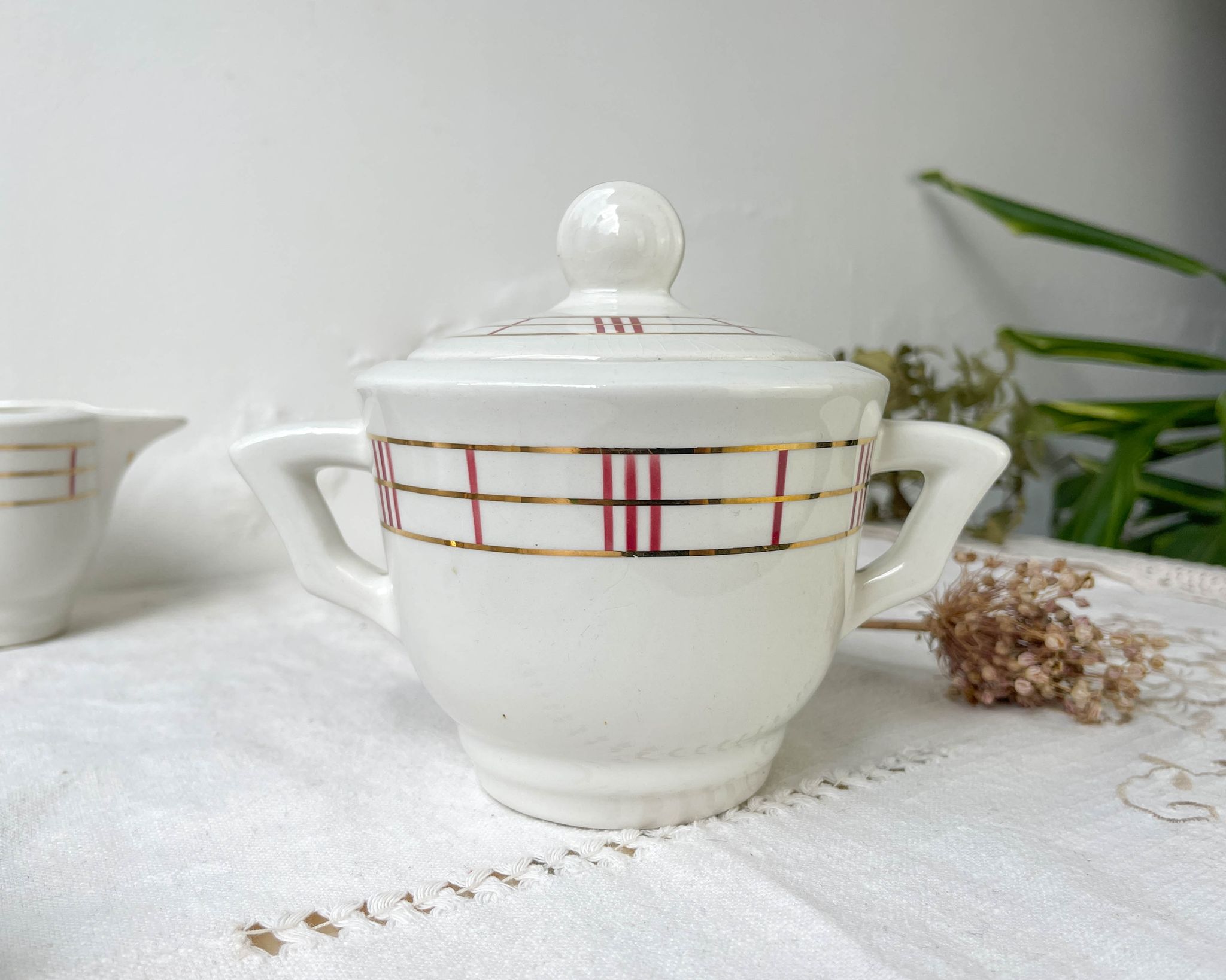 Vintage tea set in white porcelain with stripes, Moulin des Loups orcerame model "Richelieu"