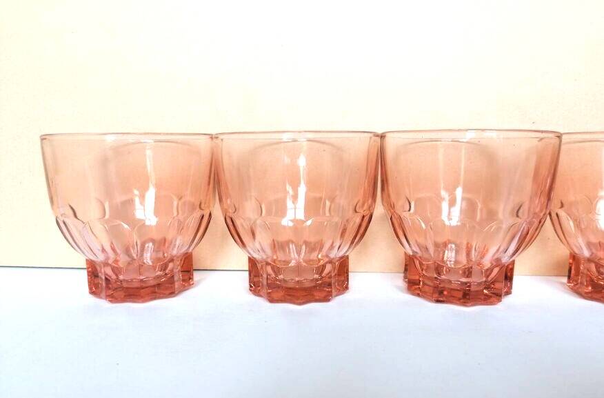 6 pink glass water glasses