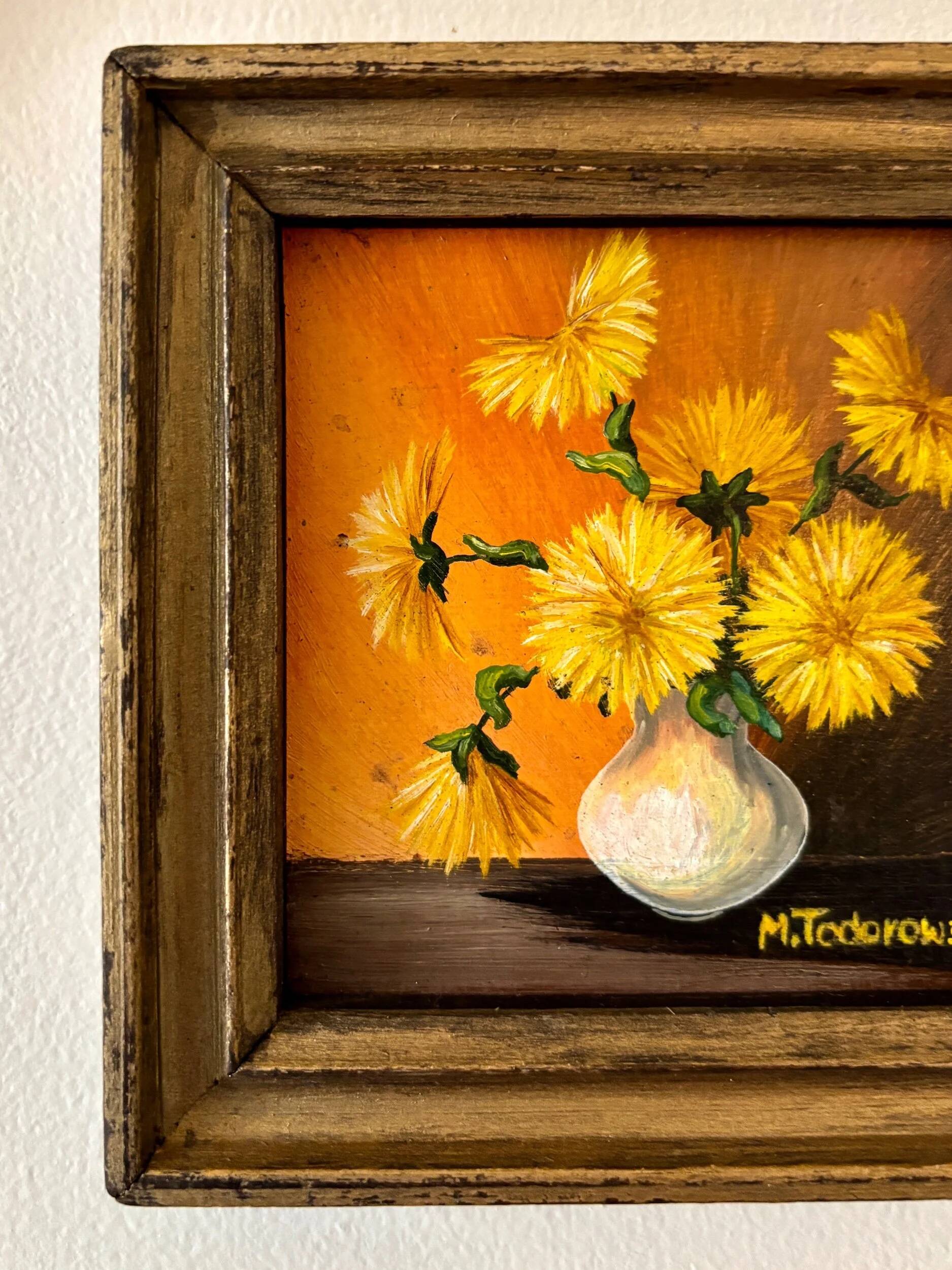 Framed painting on wood - yellow flowers