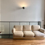 Vintage Thibier 3-seater sofa, beige fabric and brass, France 1978