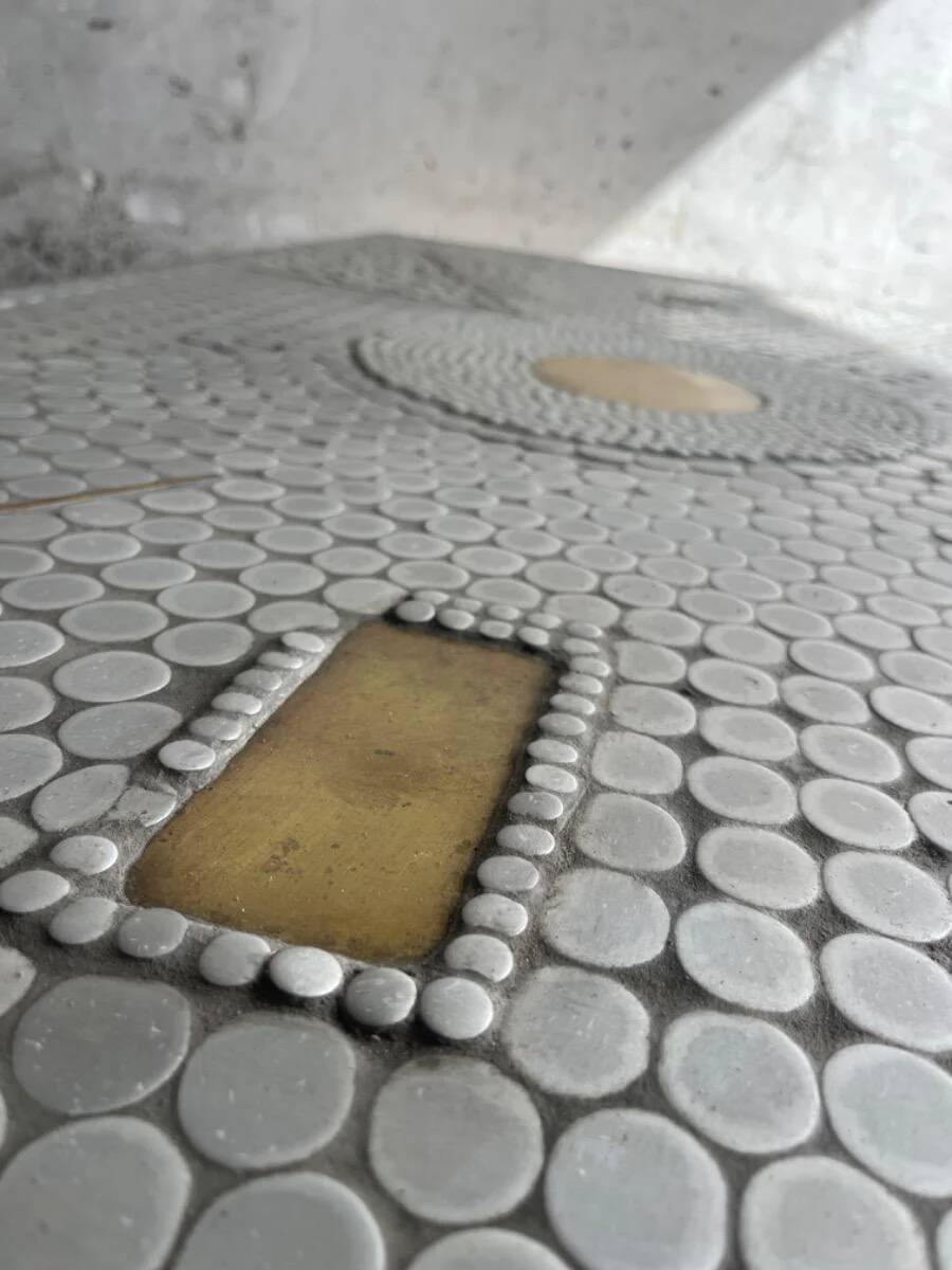 Grey ceramic mosaic top coffee table with dark wood base and brass accents, 1970s