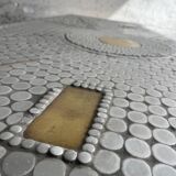 Grey ceramic mosaic top coffee table with dark wood base and brass accents, 1970s