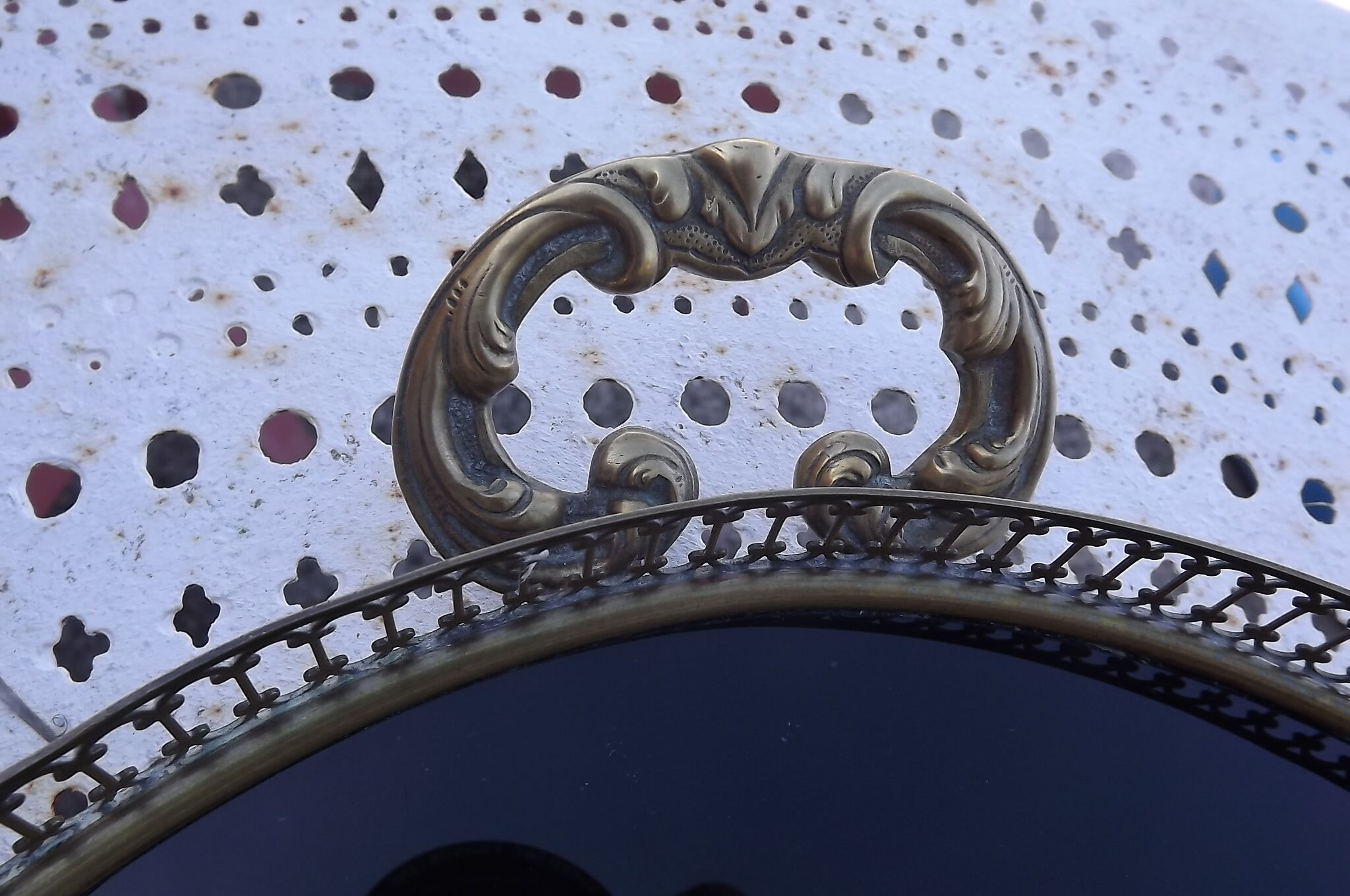 Tray oval glass brass and wood