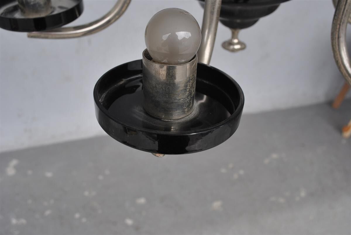 Chandelier 1930 tubular arms to 6 lights black opaline cups