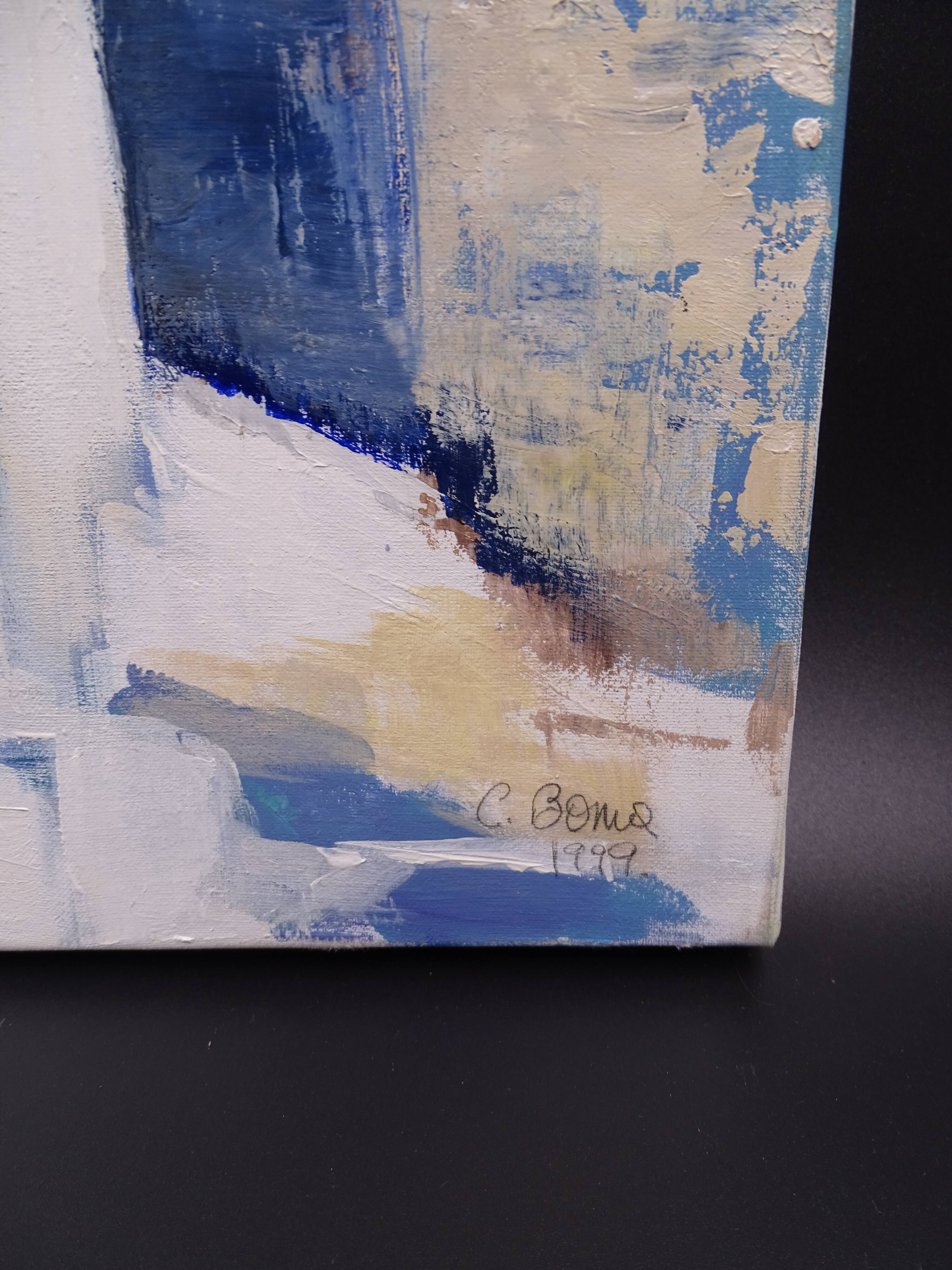 The Greek village - Pastel blue and ochre tones - Signed dated