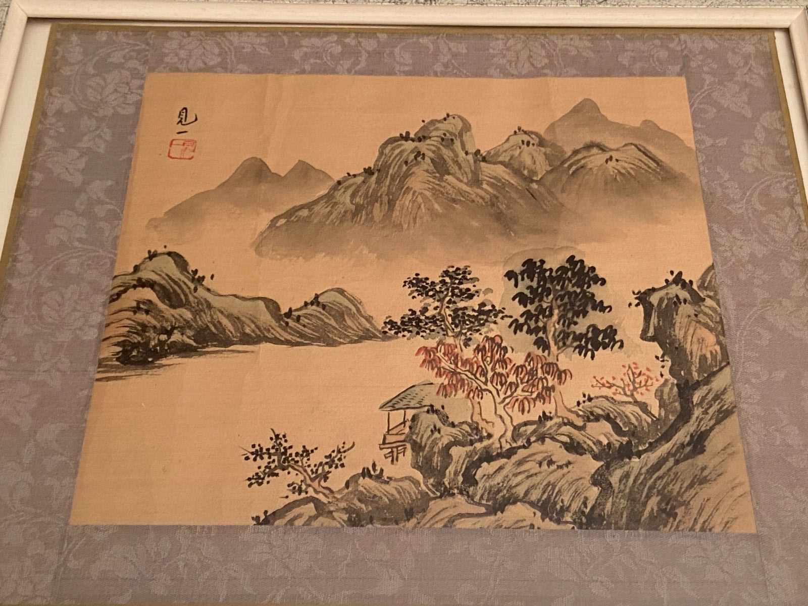 India ink drawing with red markings depicting a mountain landscape