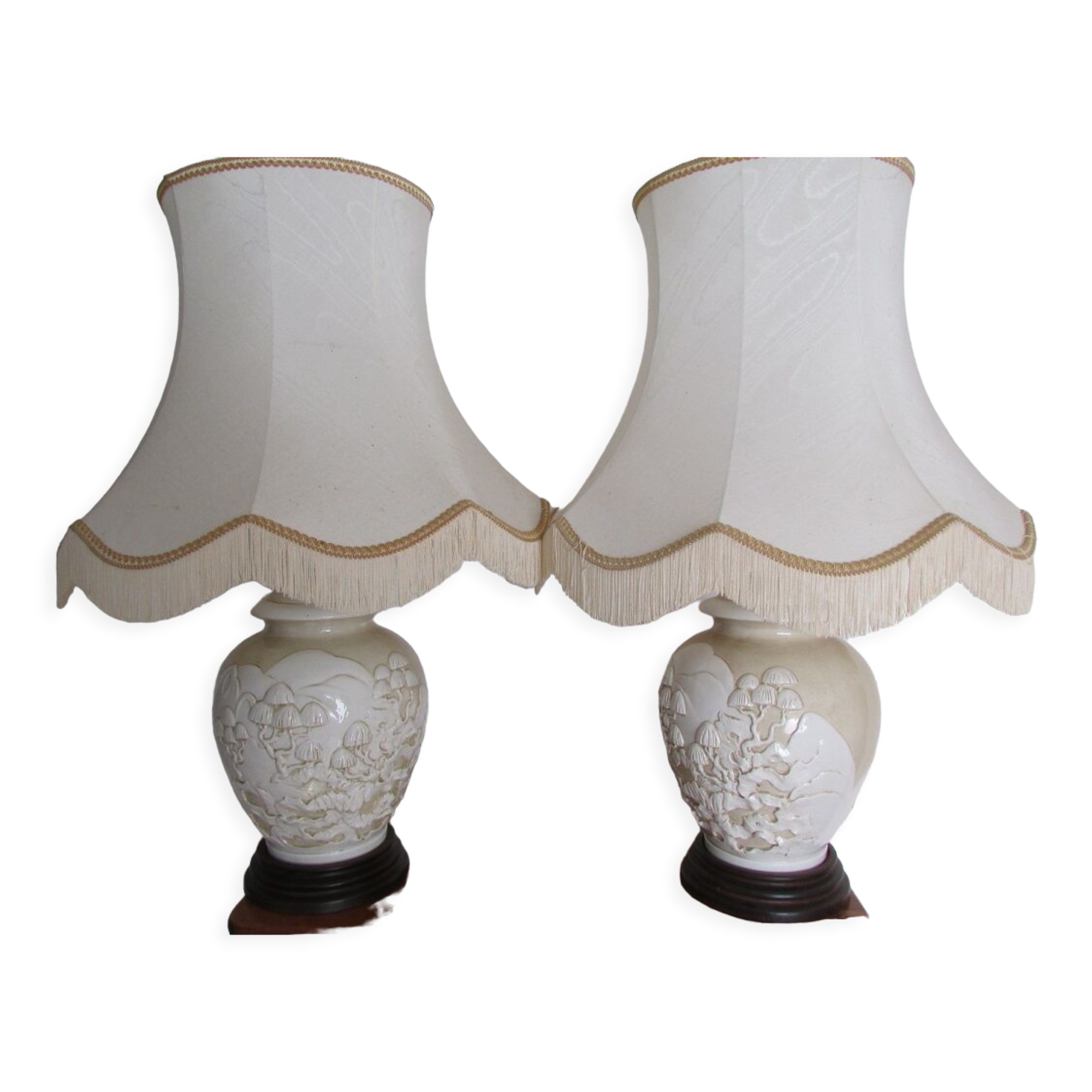 Pair of relief enameled porcelain lamps, Asian motif
