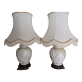 Pair of relief enameled porcelain lamps, Asian motif