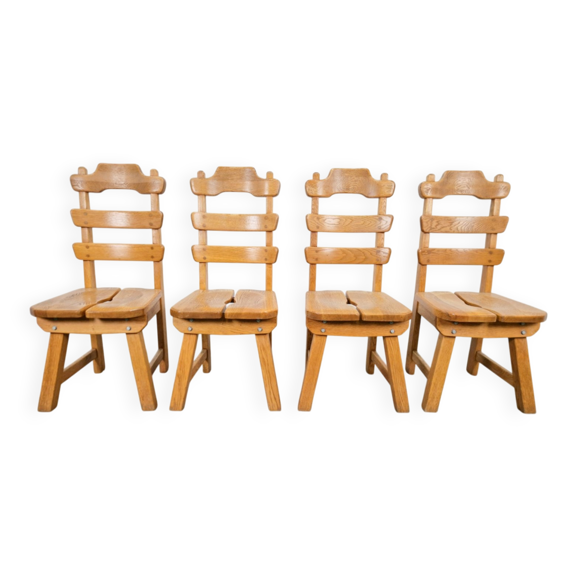 Dutch Brutalist Dining Chairs with Ladder Backrests in Oak, 1960s, Set of 4