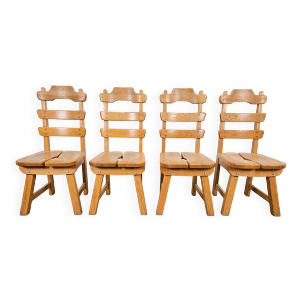 Chaises de salle à manger brutales néerlandaises avec dossiers en échelle en chêne, années 1960, ensemble de 4