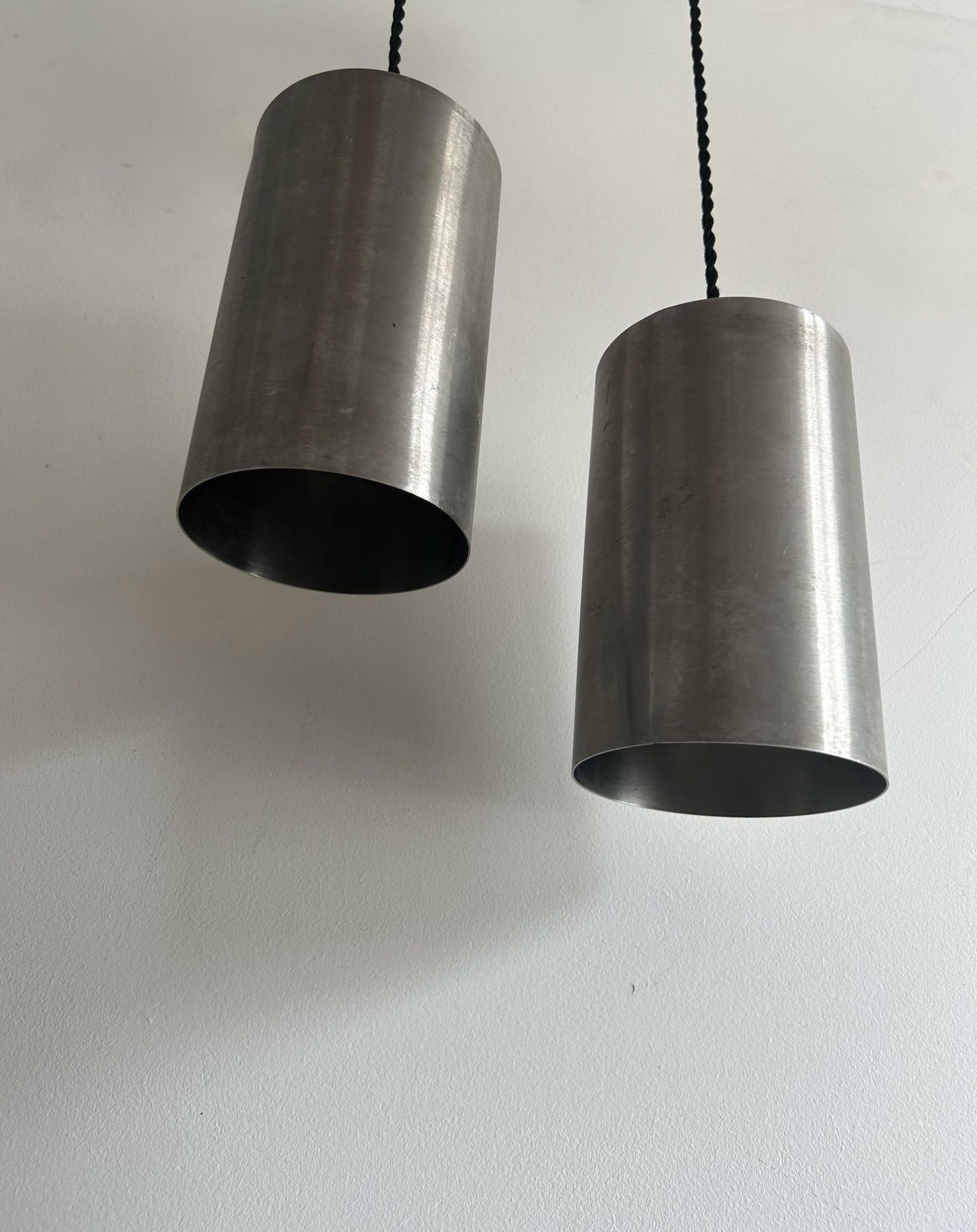 Pair of vintage brushed metal pendant lamps, France 1960