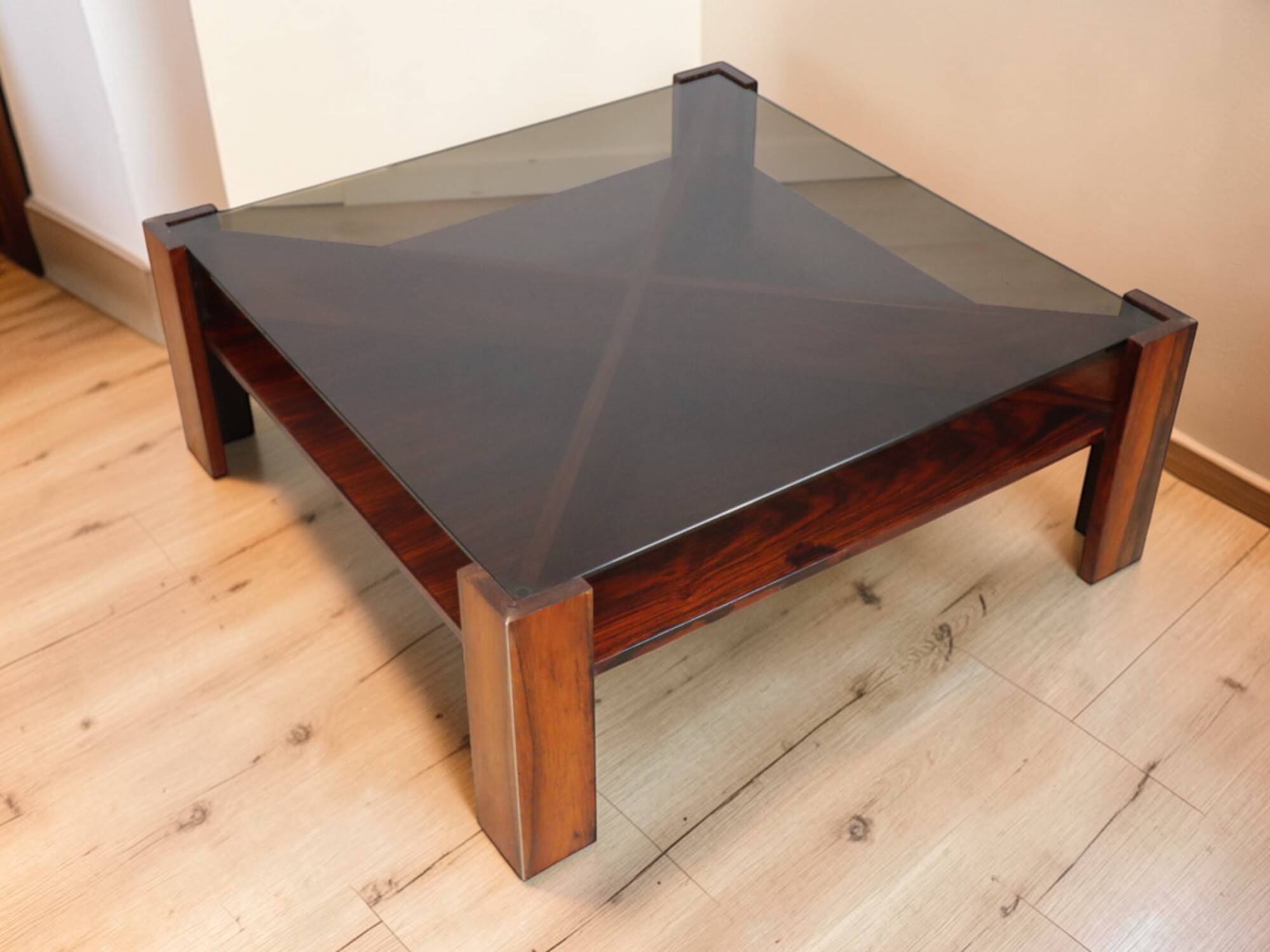 Scandinavian coffee table Mobelintarsia – Rosewood & smoked glass – 1960s