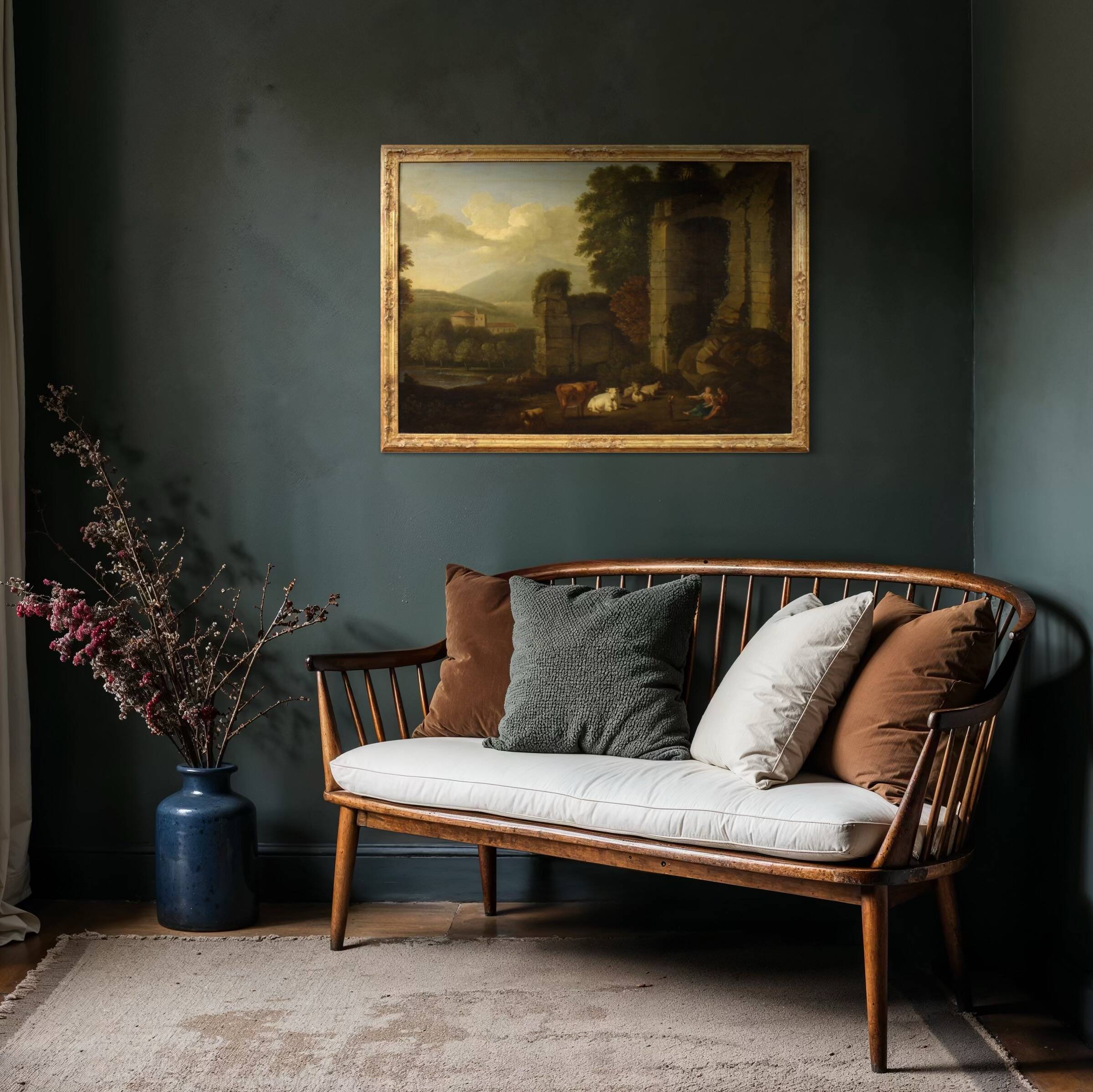 Great 17th century Italian painting, bucolic landscape with ruins