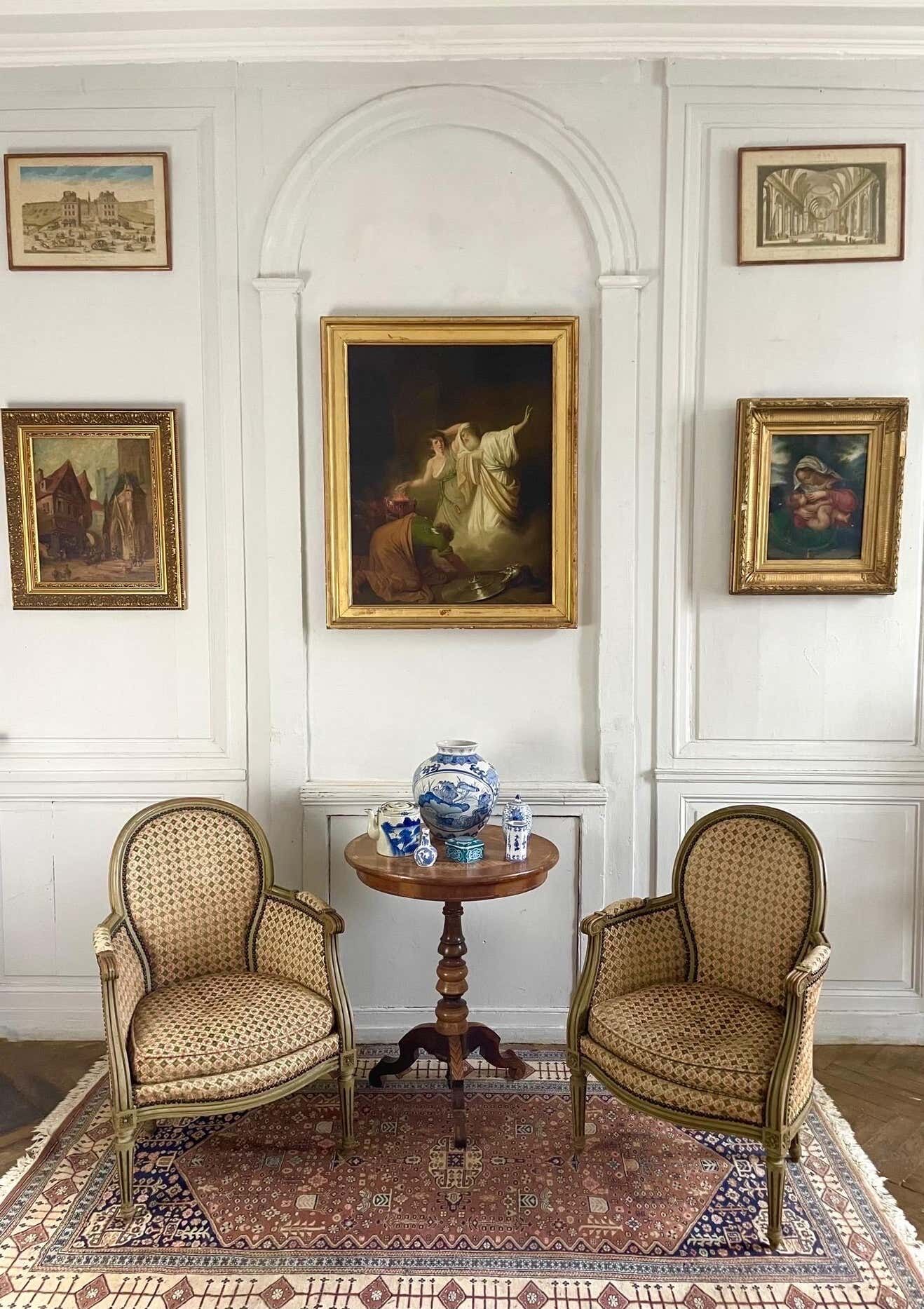 Pair of wooden and velvet armchairs in Louis XVI style 19th century