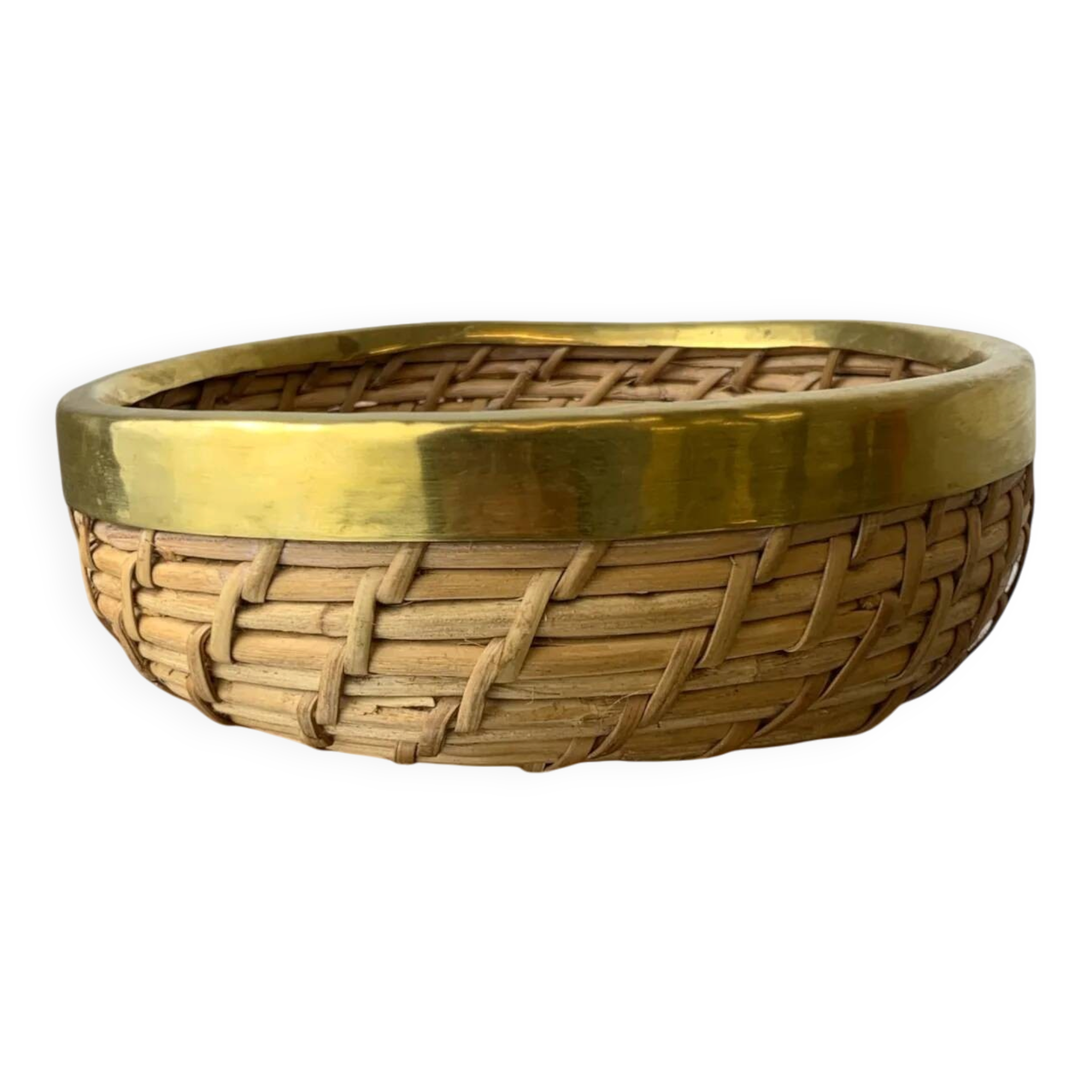 Panier circulaire en rotin et laiton, Italie, années 1970, 18 cm de diamètre