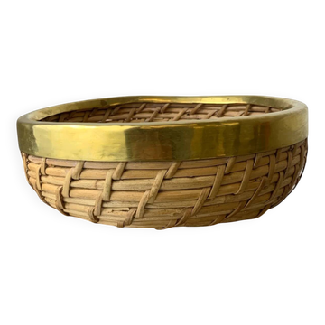 Circular rattan and brass basket, Italy, 1970s, 18 cm diameter