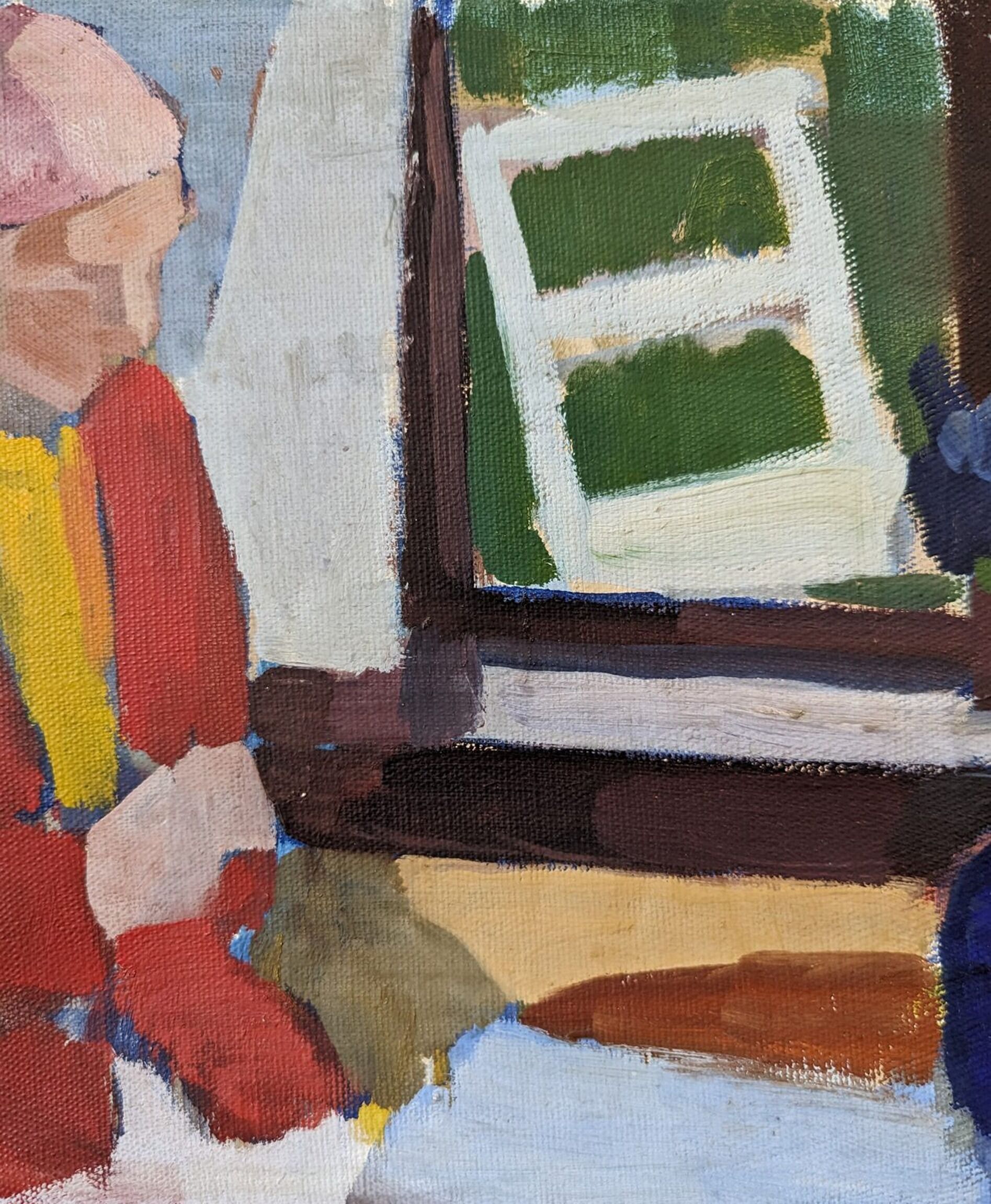 Mid-Century Modern "Window Seat", Swedish Figurative Interior Oil Painting, Framed