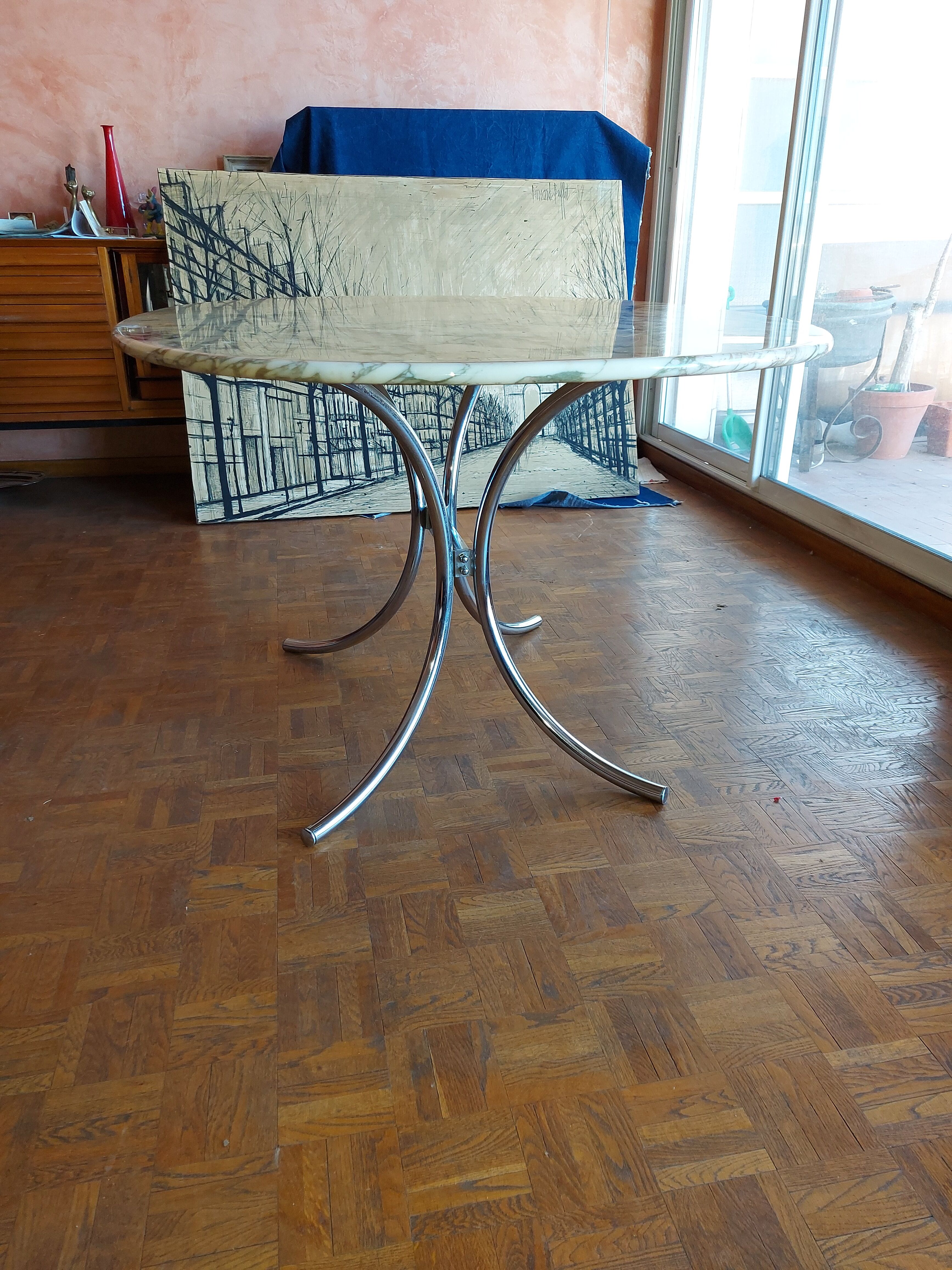 Large dining table in vintage marble 70'S Roche and Bobois