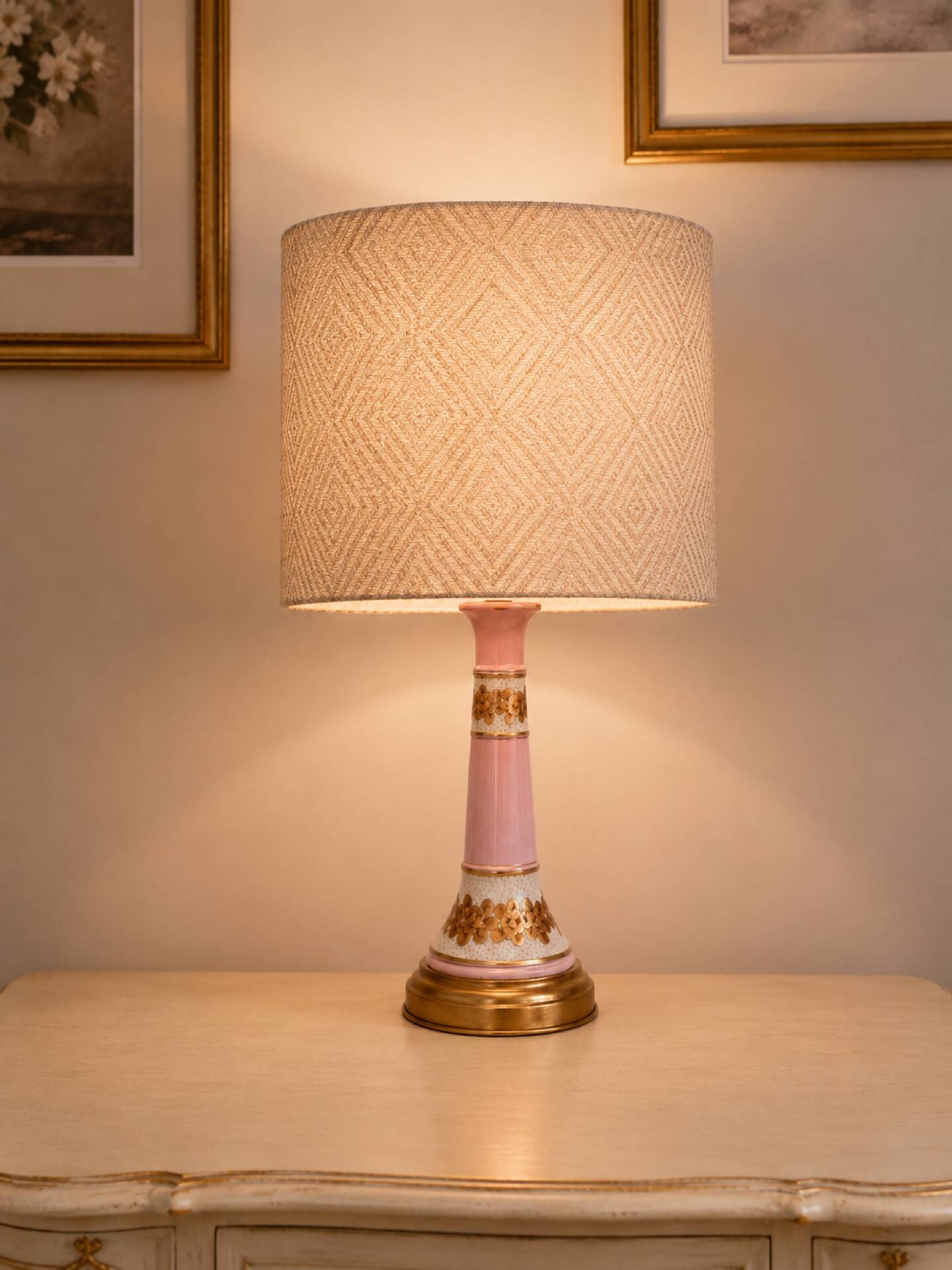 Vintage Pink & Gold Porcelain Table Lamp