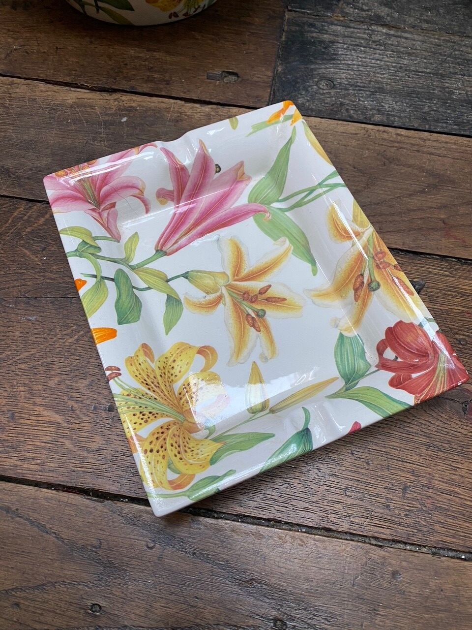 Lancel porcelain set bouquets of colored lilies vase and empty pocket ashtray