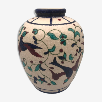 Vase in ceramic vintage grain with painted decoration of birds and flowers 22.5 cm