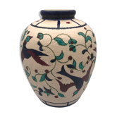 Vase in ceramic vintage grain with painted decoration of birds and flowers 22.5 cm