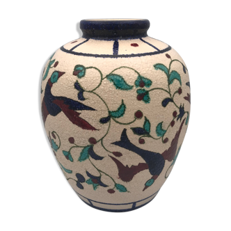 Vase in ceramic vintage grain with painted decoration of birds and flowers 22.5 cm
