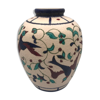 Vase en céramique grainé vintage à décor peint d’oiseaux et de fleurs 22,5 cm