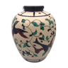Vase en céramique grainé vintage à décor peint d’oiseaux et de fleurs 22,5 cm