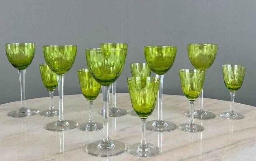 Antique baccarat green crystal glassware set, 20th century