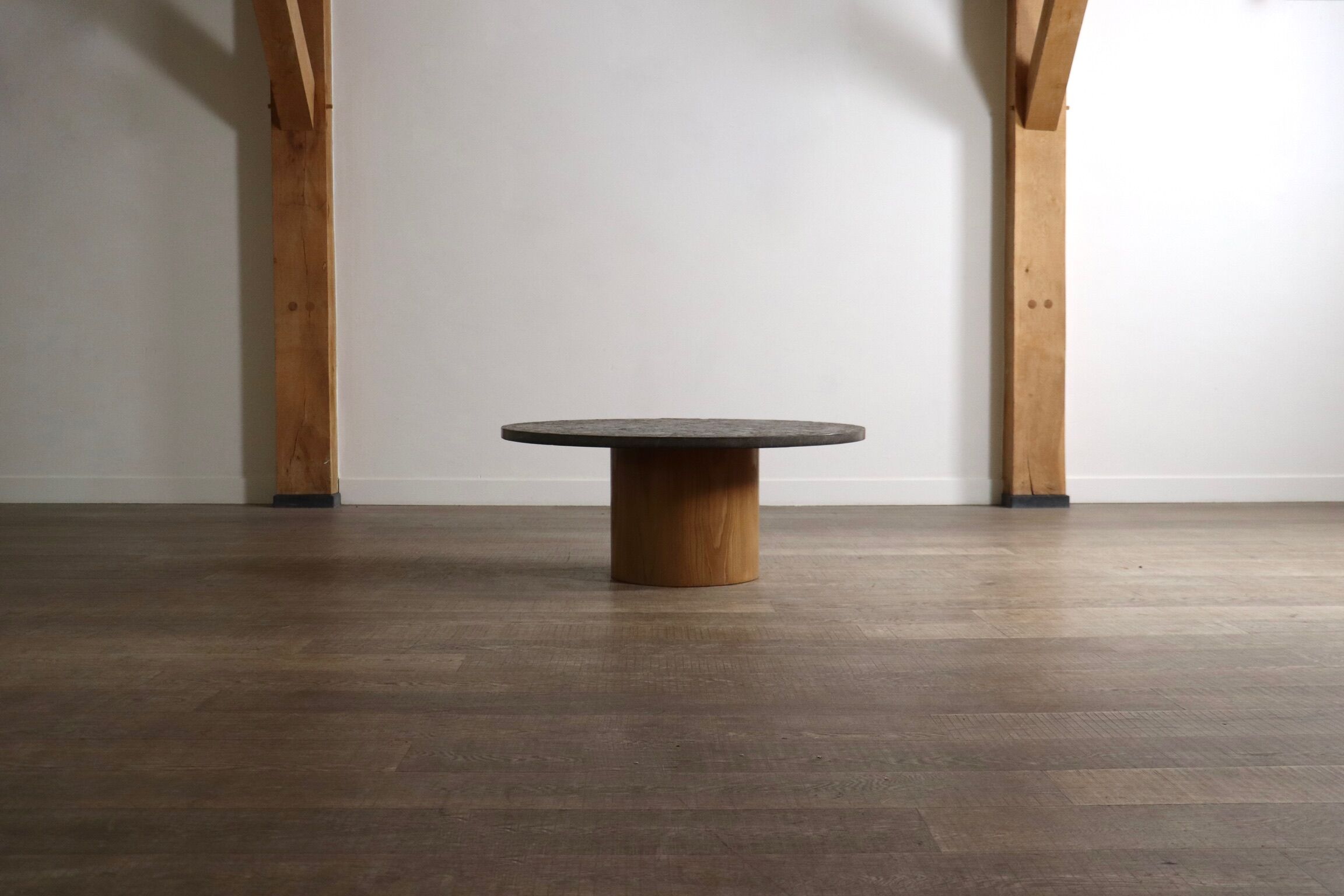 Peter Draenert studios coffee table in fossil stone and oak, Germany 1970s