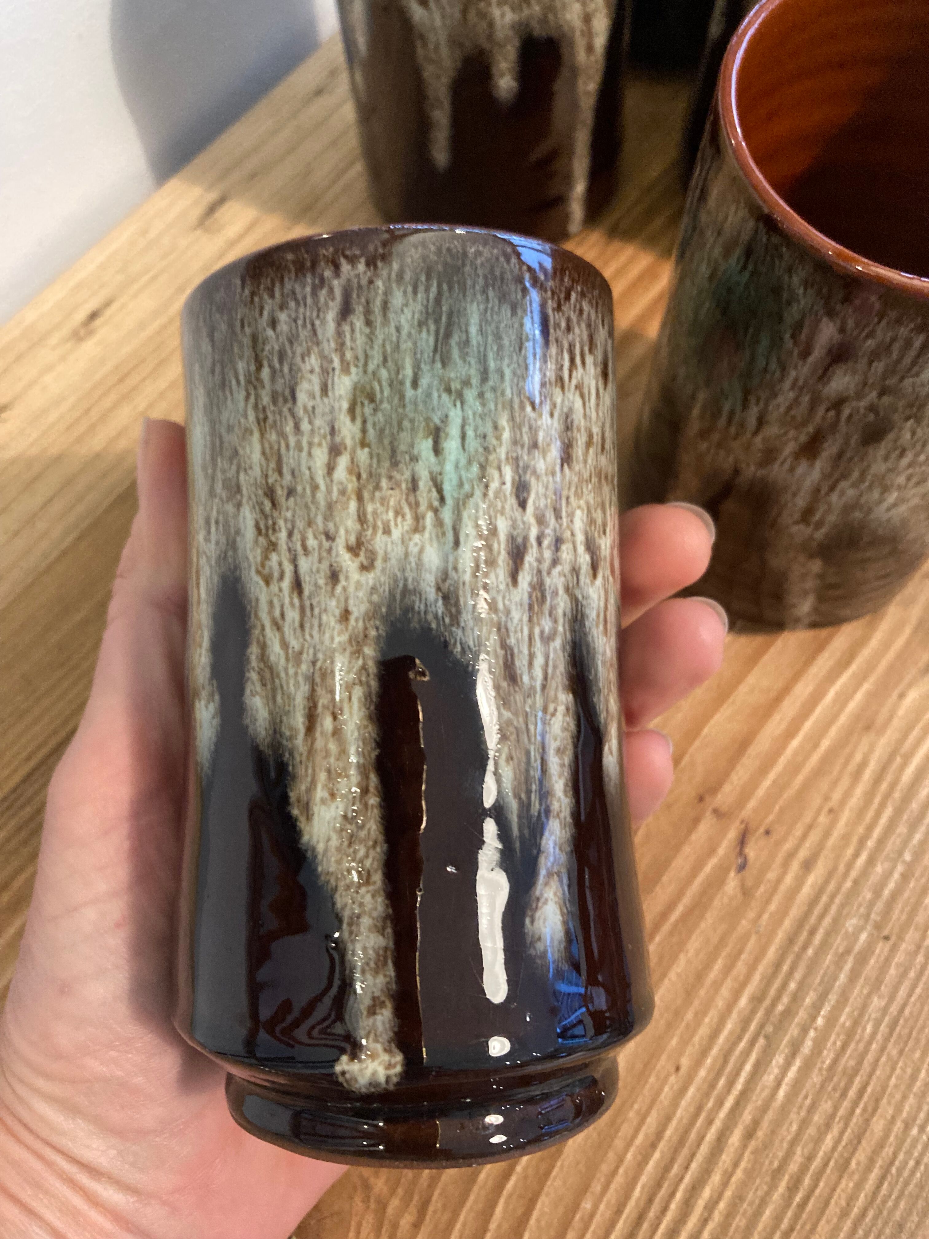 Set of 5 high enamelled sandstone cups