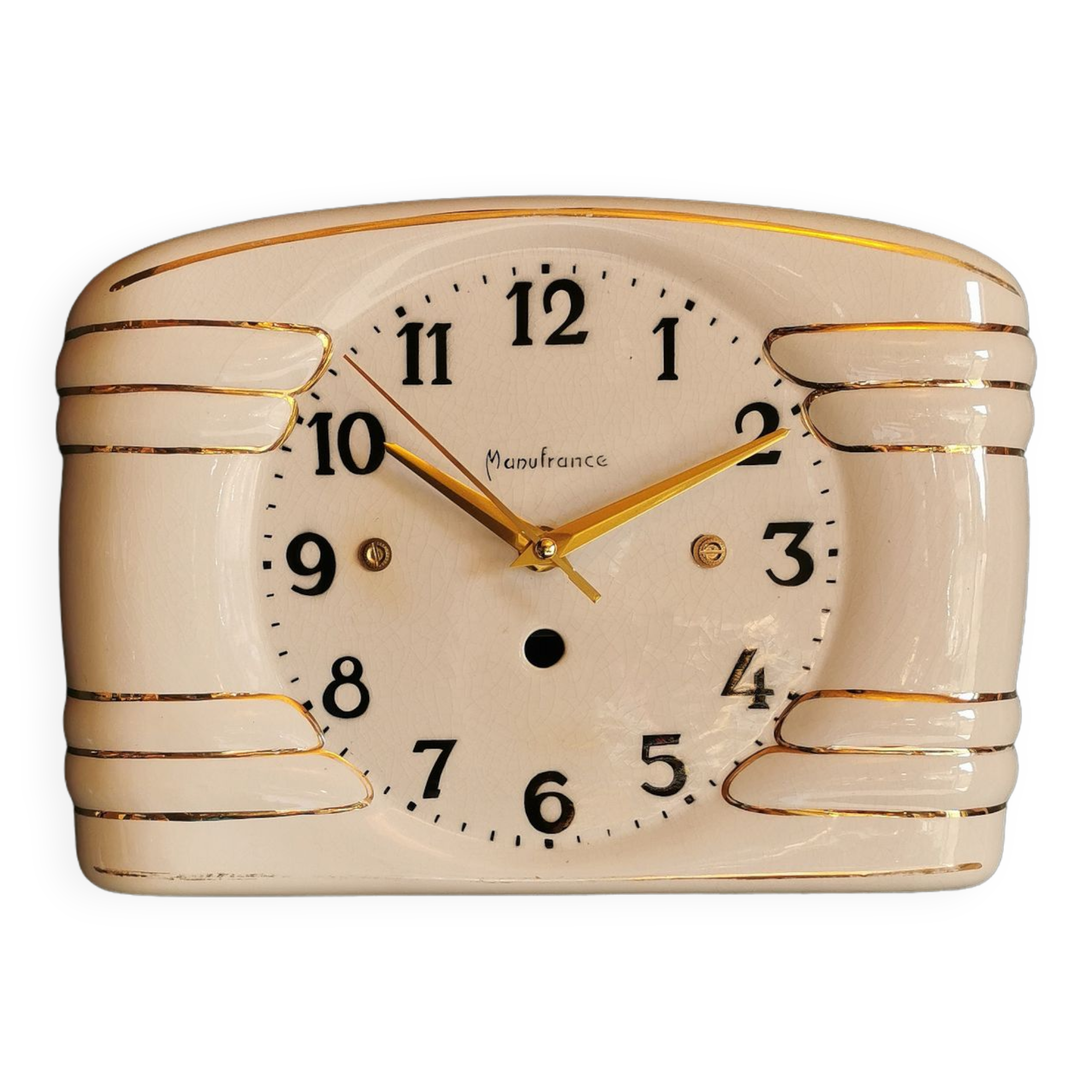 Vintage ceramic clock silent rectangular wall clock "Manufrance golden white"