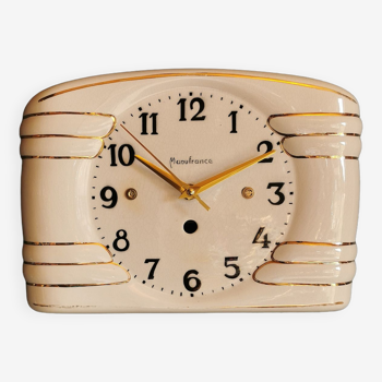 Horloge céramique vintage pendule murale silencieuse rectangulaire "Manufrance blanc doré"