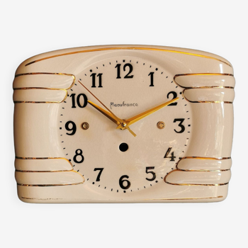 Vintage ceramic clock silent rectangular wall clock "Manufrance golden white"