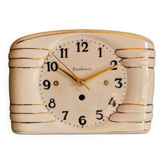 Vintage ceramic clock silent rectangular wall clock "Manufrance golden white"