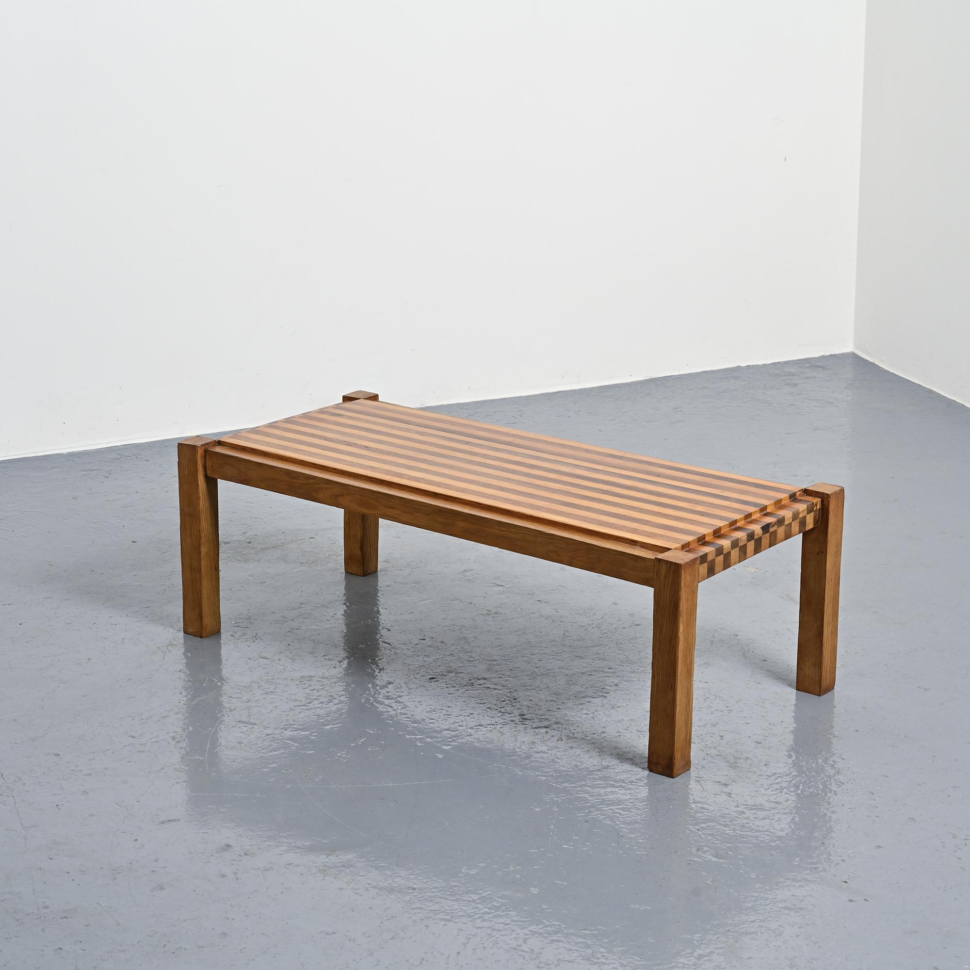 Two-tone wooden graphic coffee table, circa 1960.