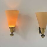 Pair of vintage wall lights, amber glass and patinated brass, France 1960