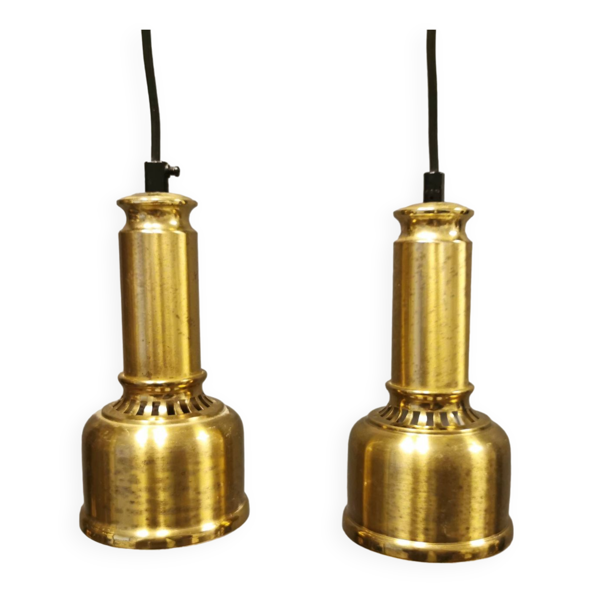 Two beautiful perforated brass hanging lamps, Danish and from the 1980s.