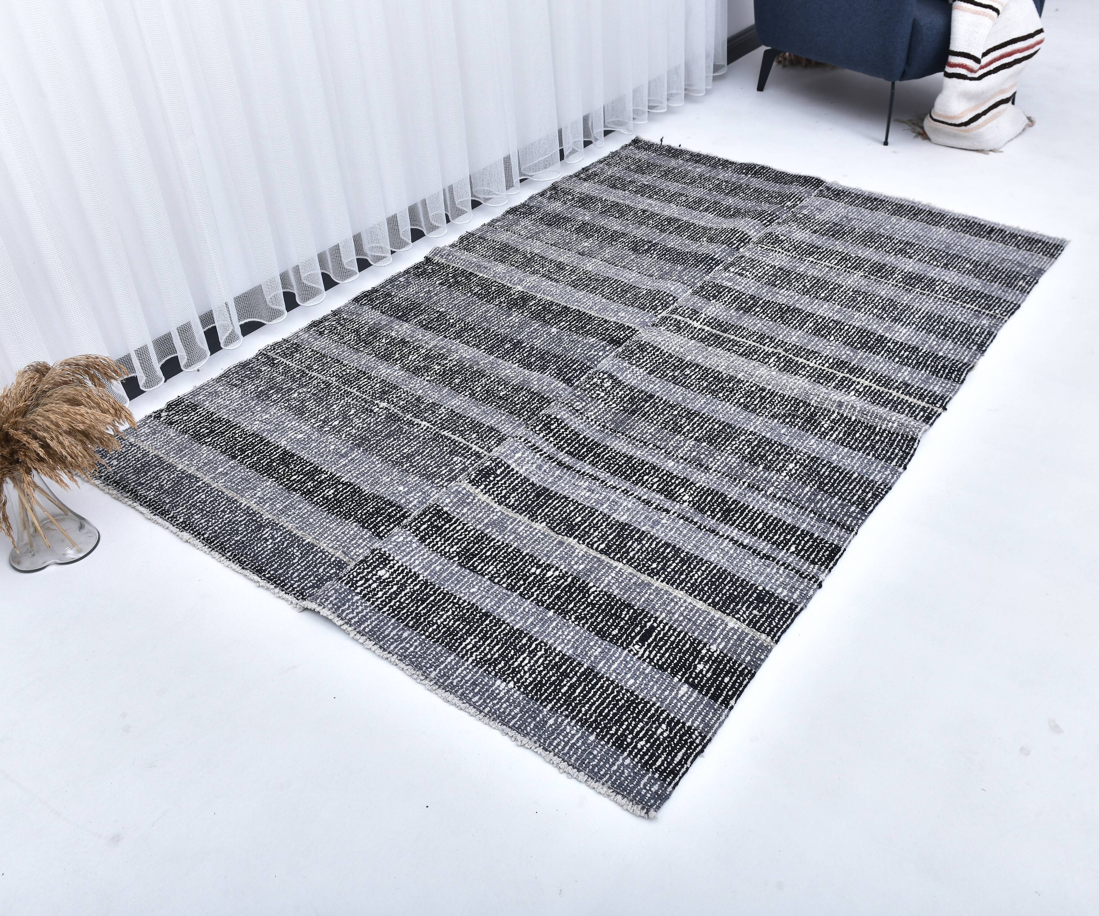 black blue kilim rug 140x210 cm, small kilim rug from turkey, wool kilim