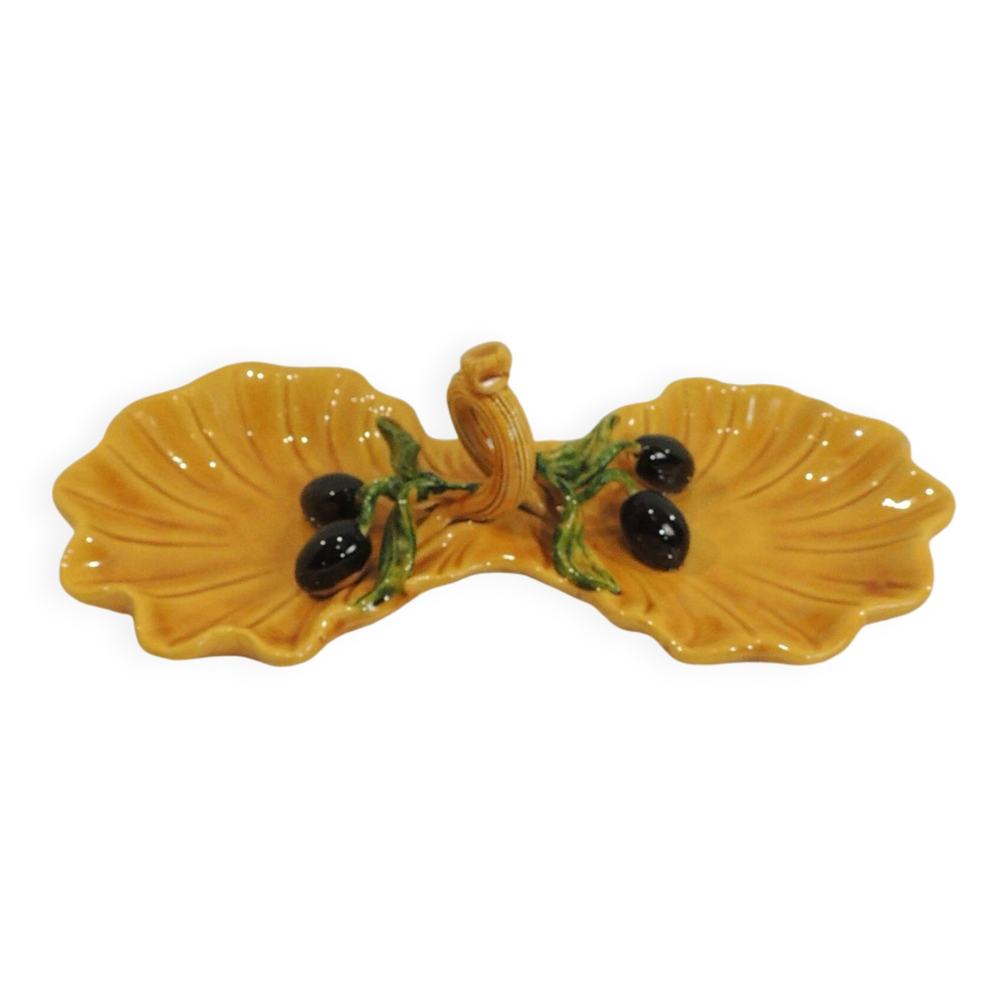 A vintage yellow ceramic aperitif server from Vallauris for black olives from the 1970s.