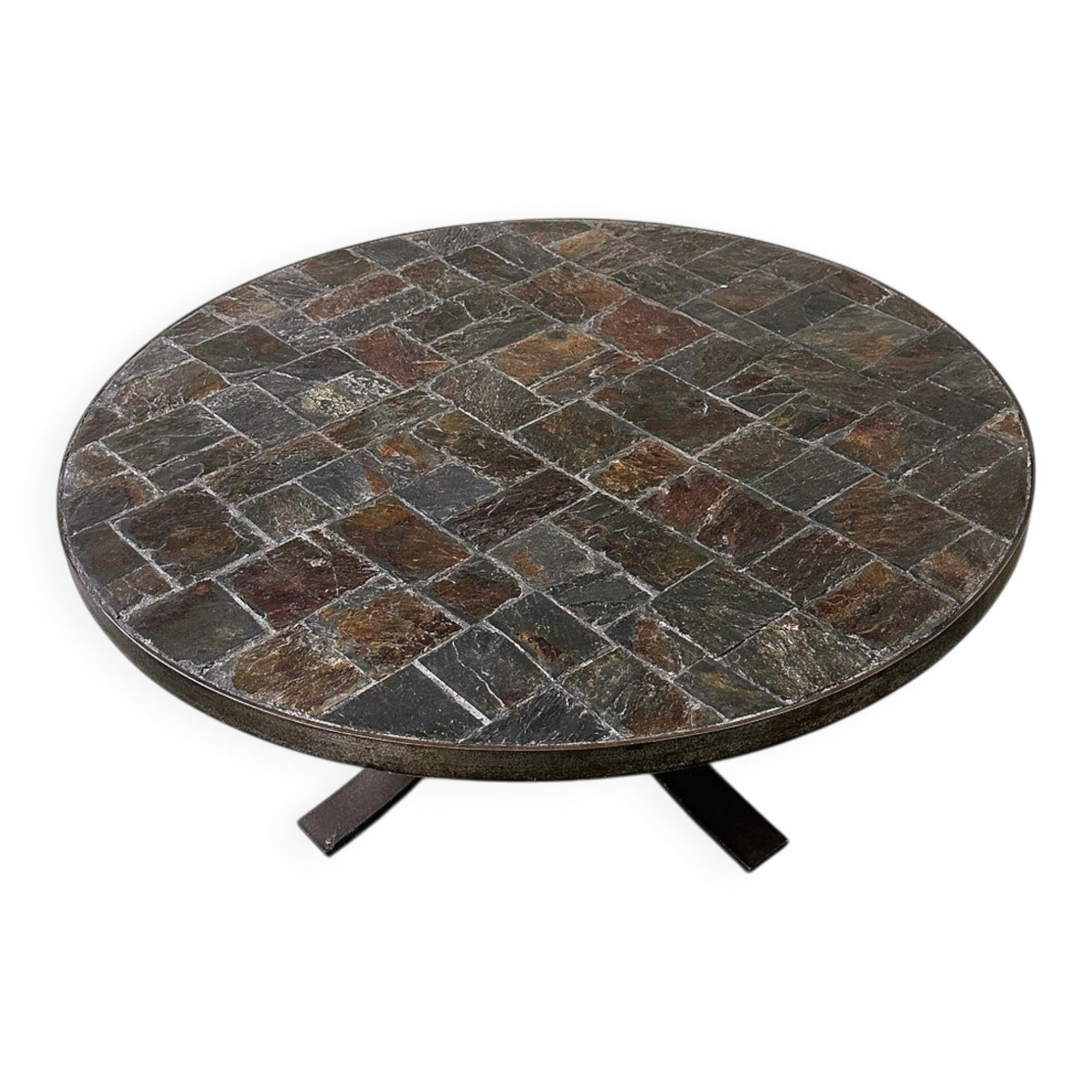 1970s round slate stone mosaic coffee table with sculptural metal base
