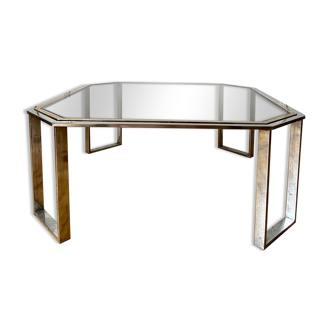 Table in silver metal and vintage smoked glass