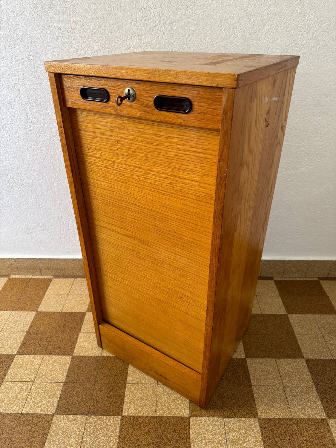 1960s wooden curtain filing cabinet